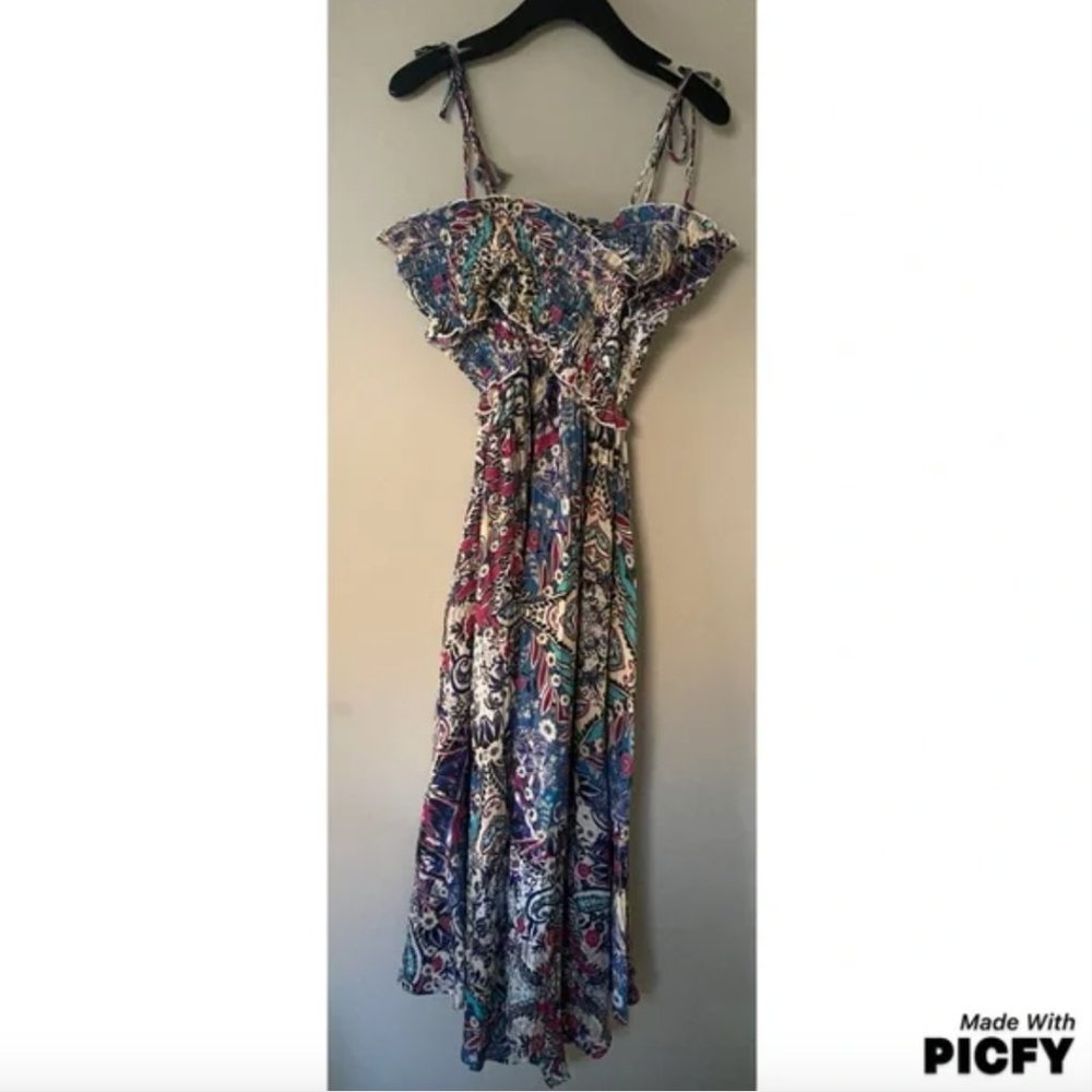 NWT Anthropologie | Blue Tan Smocked Gauze Criss-Cross Paisley Print Maxi Dress - Picture 3 of 10